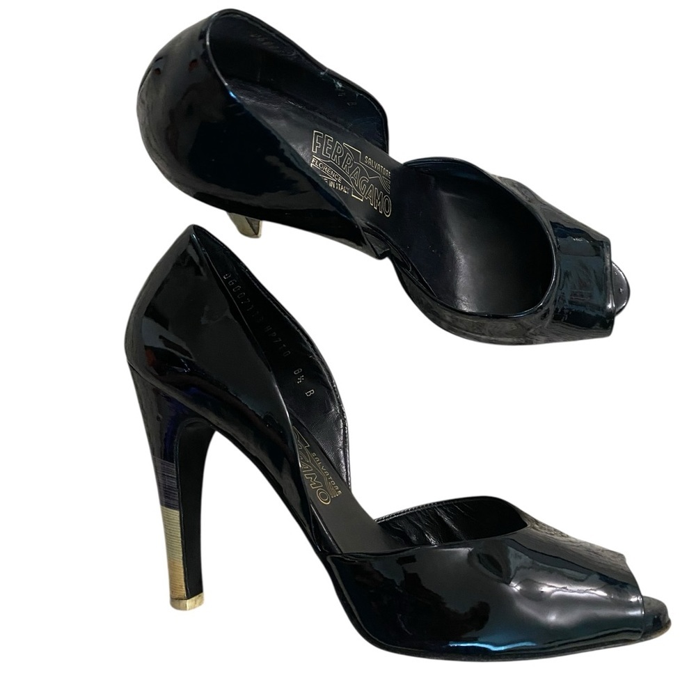 Salvatore Ferragamo Glossy Black Heels with Gold Accent